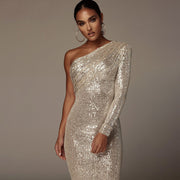 Dazzling Diva: The One-Shoulder Sequin Midi Dress