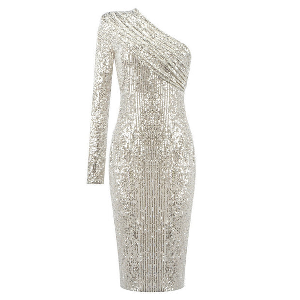 Dazzling Diva: The One-Shoulder Sequin Midi Dress