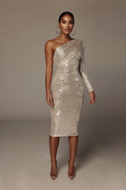 Dazzling Diva: The One-Shoulder Sequin Midi Dress