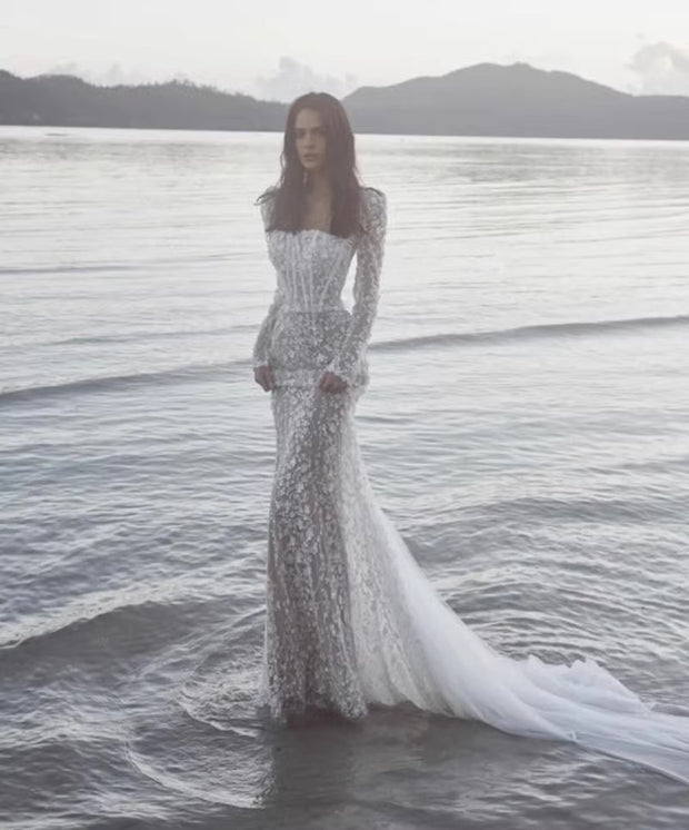Pearl Embroidery Mesh Maxi Gown