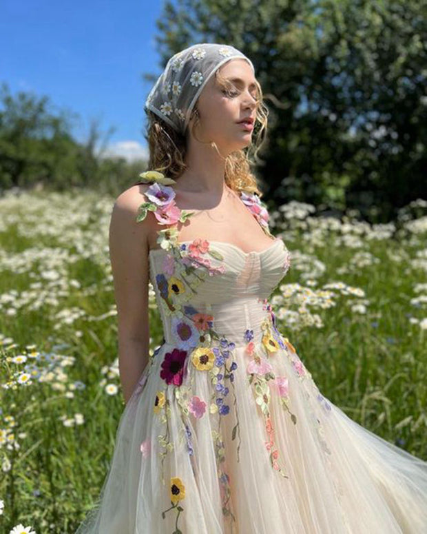 Floral Champagne Tulle Prom Dress