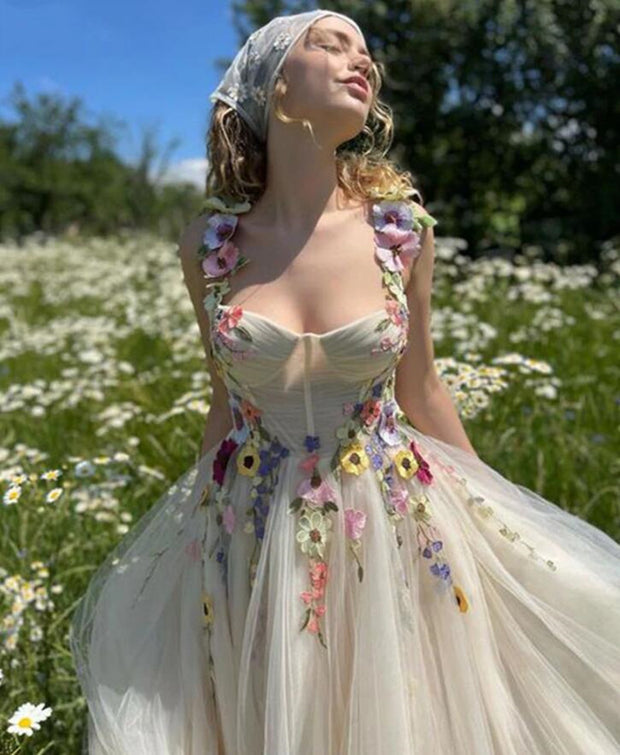 Floral Champagne Tulle Prom Dress