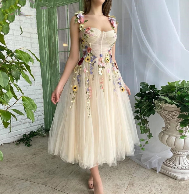 Floral Champagne Tulle Prom Dress