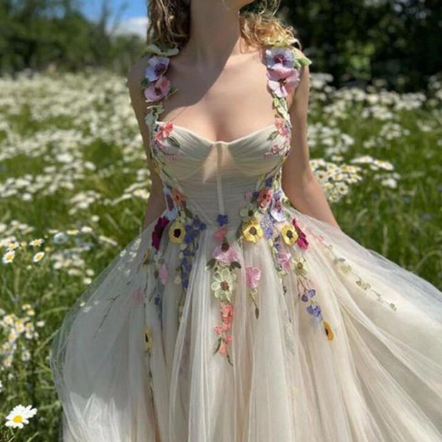 Floral Champagne Tulle Prom Dress