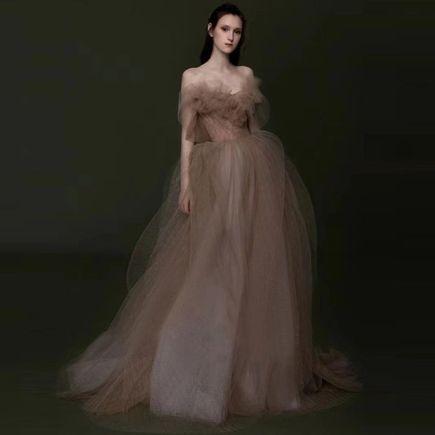 Whispering Sands: The Off Shoulder Tulle Maxi Gown