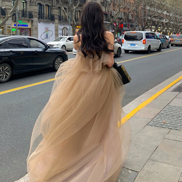 Whispering Sands: The Off Shoulder Tulle Maxi Gown