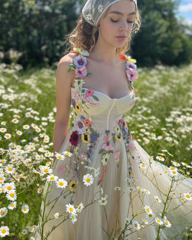 Floral Champagne Tulle Prom Dress