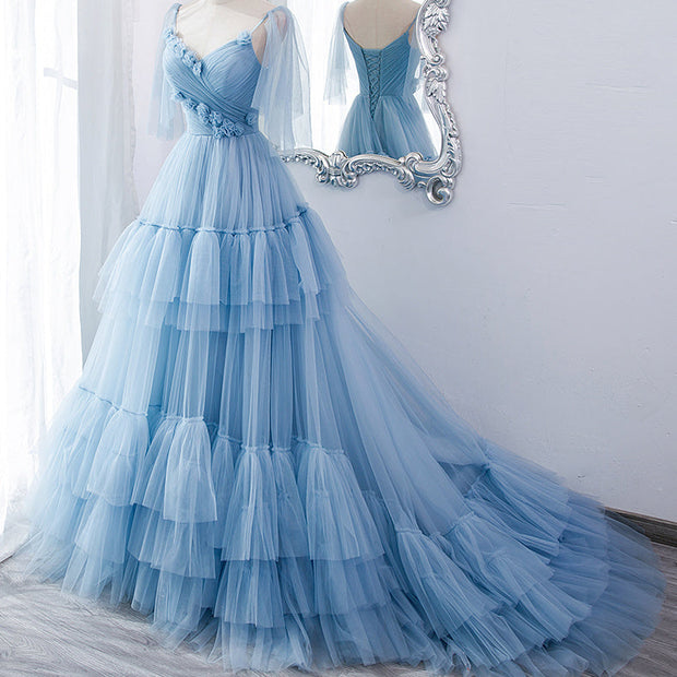 Serene Azure: The Tiered Tulle Maxi Gown