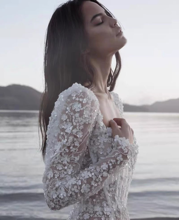 Pearl Embroidery Mesh Maxi Gown