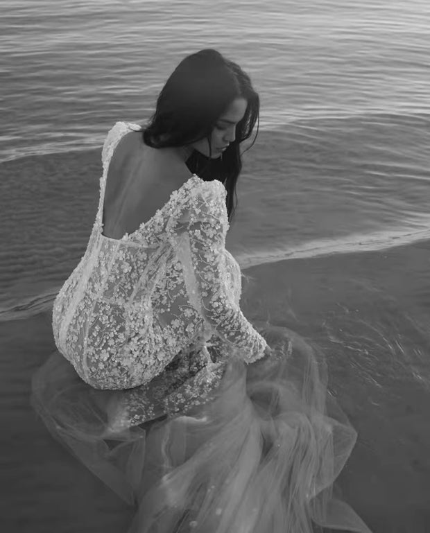Pearl Embroidery Mesh Maxi Gown