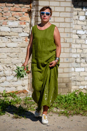 Ankle Length Sleeveless Linen Dress With Side Splits And Embroidery, Green - Jo-Bolt-Store