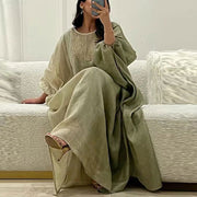 Ethnic Vintage Solid Tassel Cotton Linen Dress Women 2023 Spring O Neck Loose Long Maxi Dress Summer Lantern Sleeve Boho Dresses - Jo-Bolt-Store
