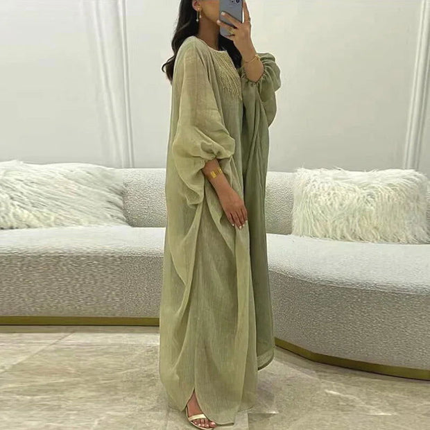 Ethnic Vintage Solid Tassel Cotton Linen Dress Women 2023 Spring O Neck Loose Long Maxi Dress Summer Lantern Sleeve Boho Dresses - Jo-Bolt-Store