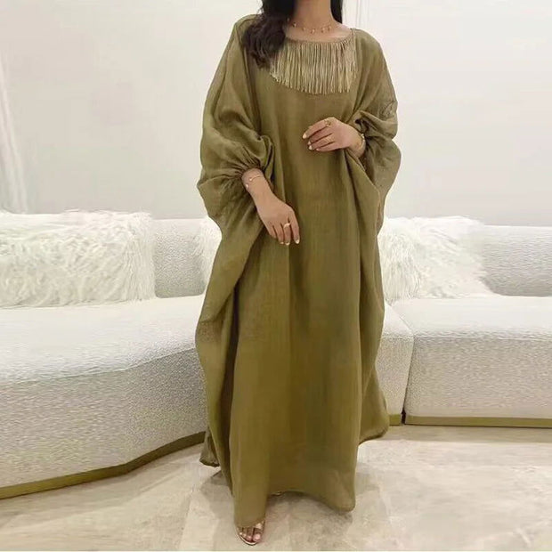 Ethnic Vintage Solid Tassel Cotton Linen Dress Women 2023 Spring O Neck Loose Long Maxi Dress Summer Lantern Sleeve Boho Dresses - Jo-Bolt-Store