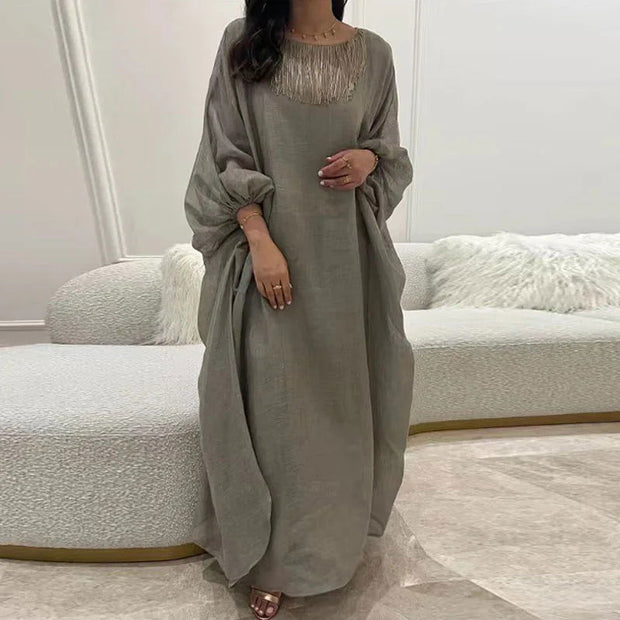 Ethnic Vintage Solid Tassel Cotton Linen Dress Women 2023 Spring O Neck Loose Long Maxi Dress Summer Lantern Sleeve Boho Dresses - Jo-Bolt-Store