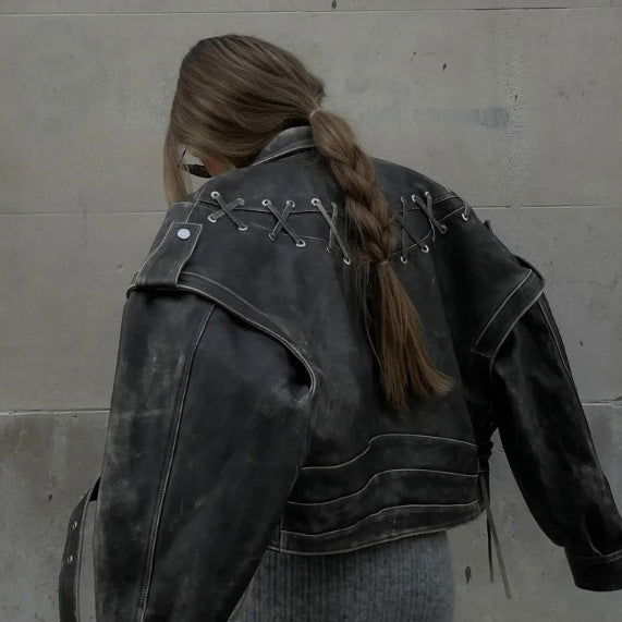 Female Vintage Weave Leather Jacket Coat - Jo-Bolt-Store