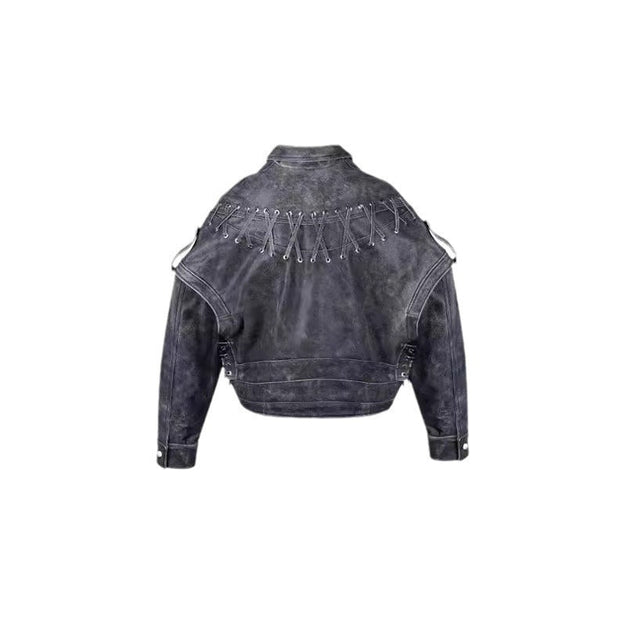Female Vintage Weave Leather Jacket Coat - Jo-Bolt-Store