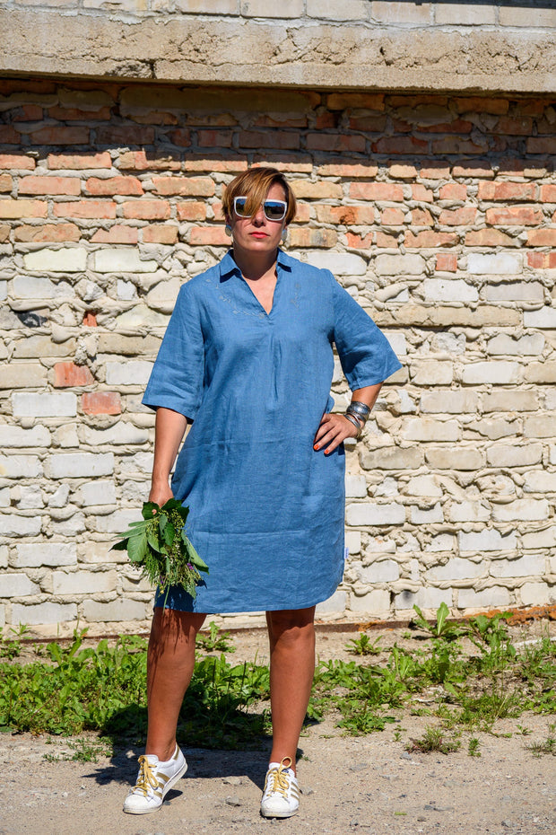 Knee Length Linen Dress With Pockets And Embroidery, Ocean Blue - Jo-Bolt-Store