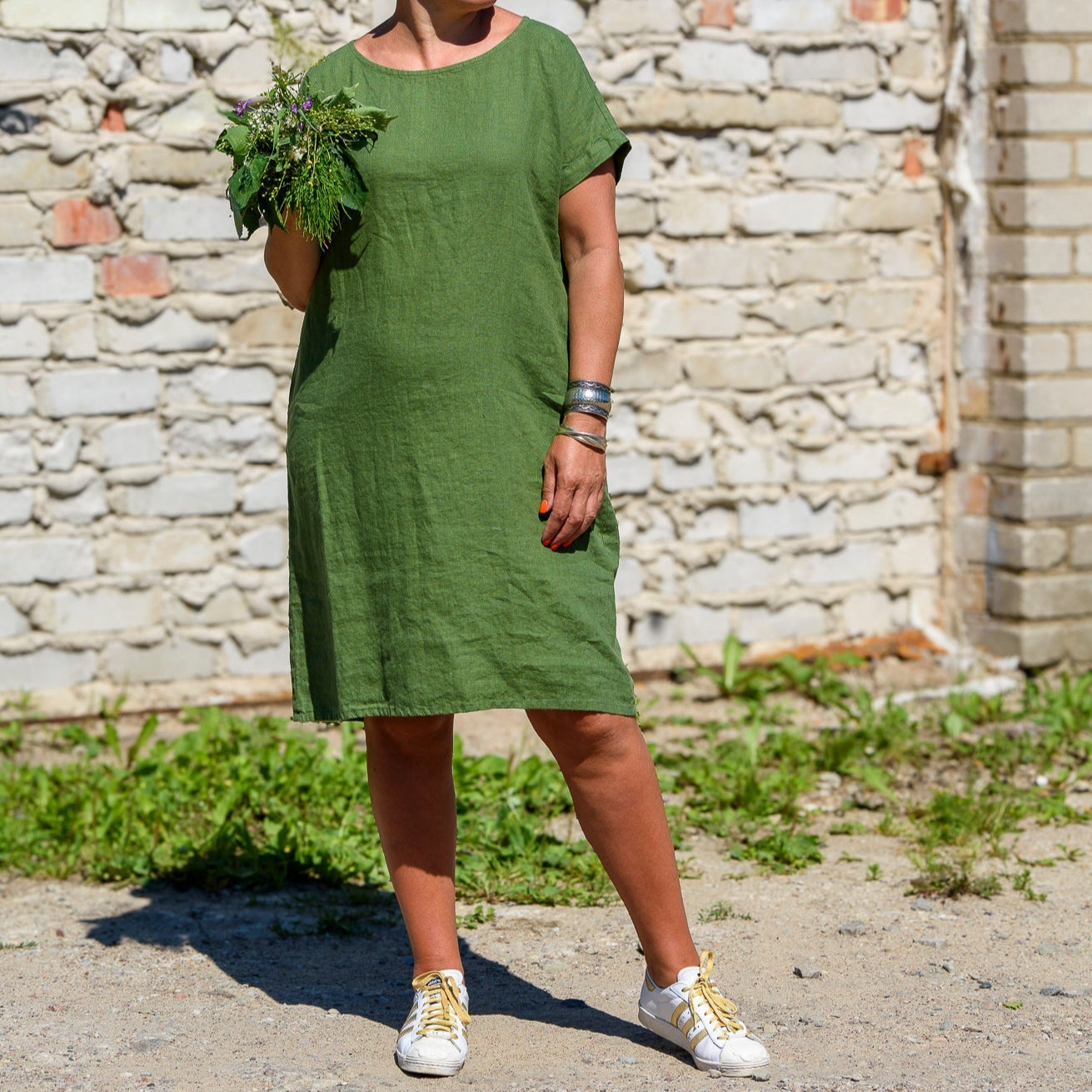 Knee Length Linen Dress With Pockets, Forest Green - Jo-Bolt-Store