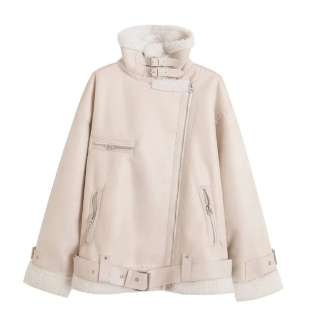 New Women's Fleece-lined PU Coat Lamb Wool Thickened Coat - Jo-Bolt-Store
