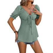 V-neck Drawstring Design Short-sleeved Top Summer Solid Color T-shirt Womens Clothing - Jo-Bolt-Store