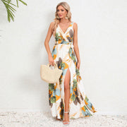 V-neck Floral Print Long Dress Summer Fashion Waist Tie Slit Design Sleeveless Dress For Womens Clothing - Jo-Bolt-Store