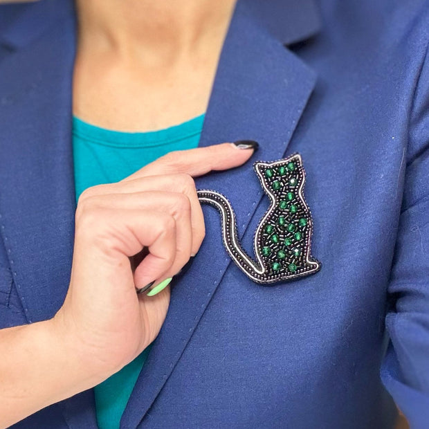Beaded Black Cat Brooch