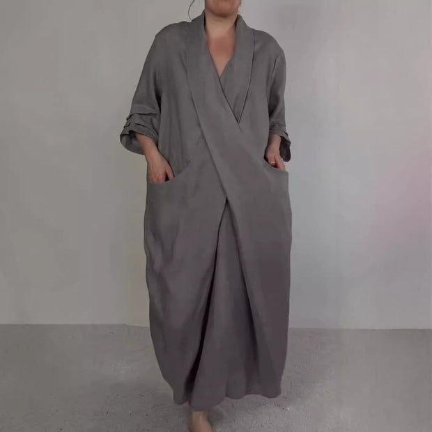 Women's Linen Large Pocket V-neck Slit Dress - Jo-Bolt-Store
