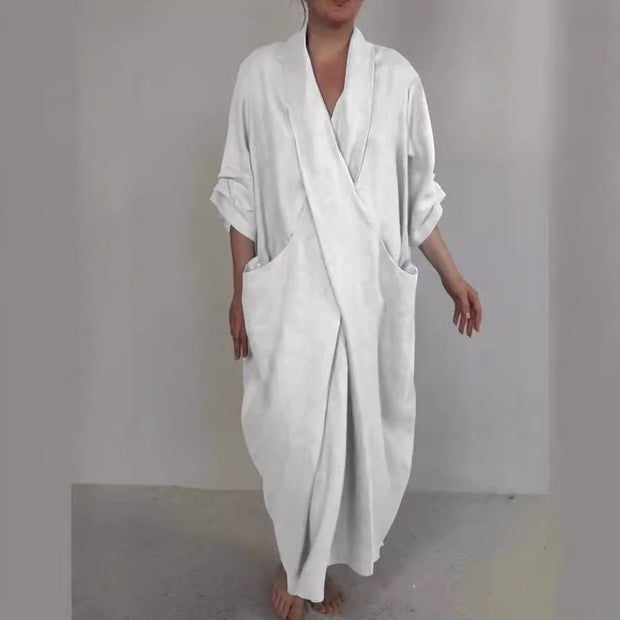 Women's Linen Large Pocket V-neck Slit Dress - Jo-Bolt-Store