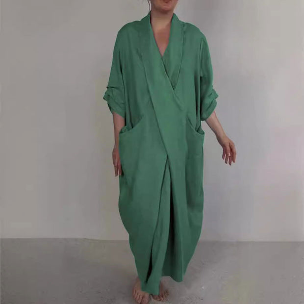Women's Linen Large Pocket V-neck Slit Dress - Jo-Bolt-Store