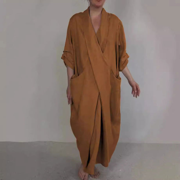Women's Linen Large Pocket V-neck Slit Dress - Jo-Bolt-Store