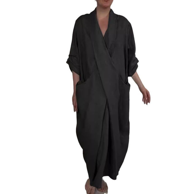 Women's Linen Large Pocket V-neck Slit Dress - Jo-Bolt-Store