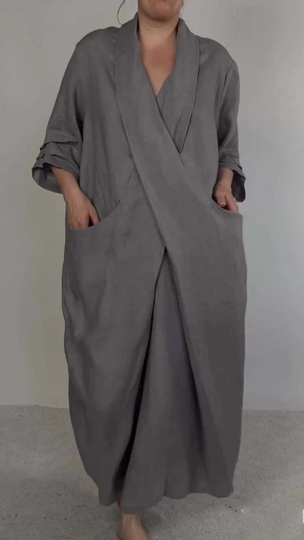 Women's Linen Large Pocket V-neck Slit Dress - Jo-Bolt-Store