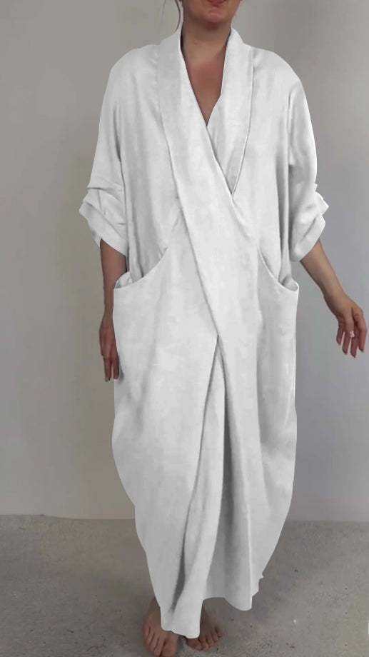 Women's Linen Large Pocket V-neck Slit Dress - Jo-Bolt-Store