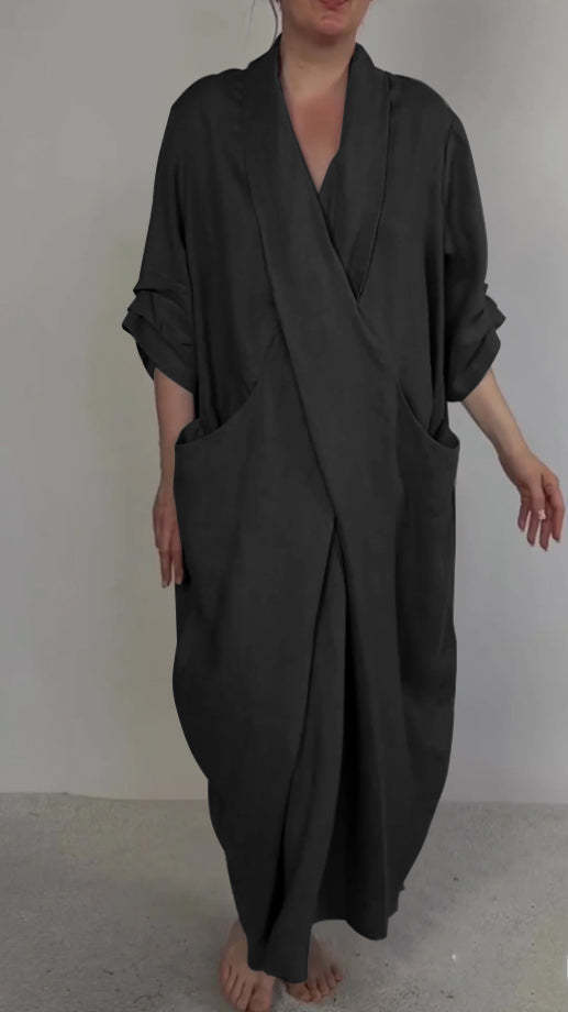 Women's Linen Large Pocket V-neck Slit Dress - Jo-Bolt-Store