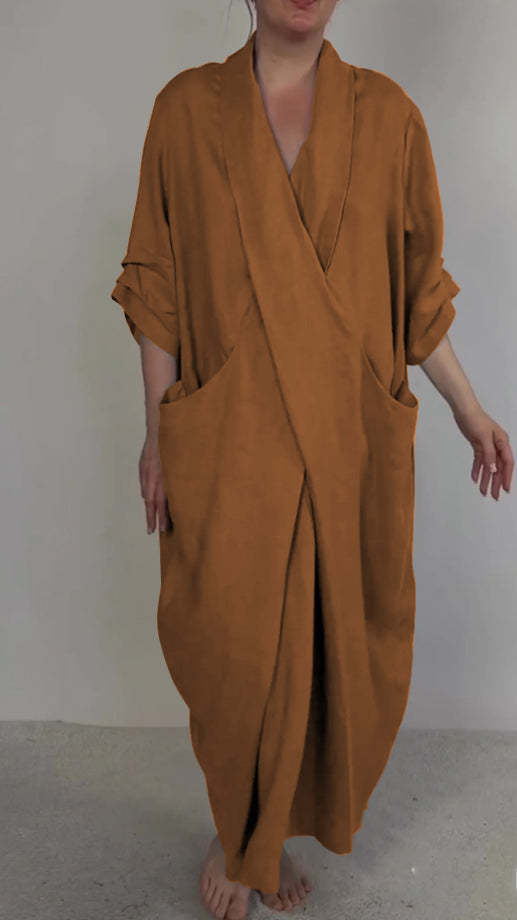 Women's Linen Large Pocket V-neck Slit Dress - Jo-Bolt-Store