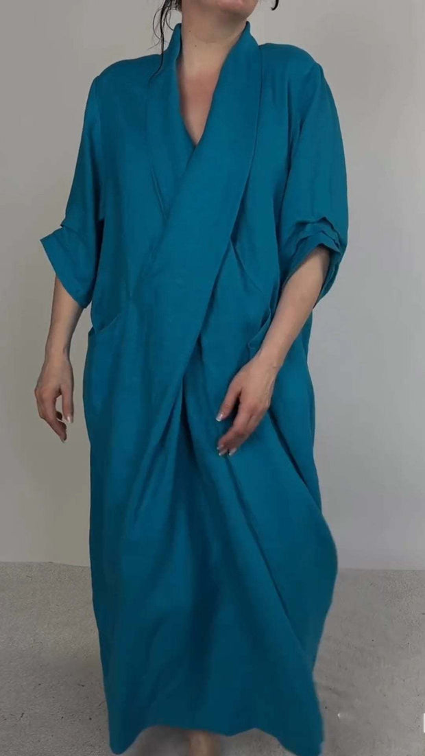 Women's Linen Large Pocket V-neck Slit Dress - Jo-Bolt-Store