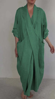 Women's Linen Large Pocket V-neck Slit Dress - Jo-Bolt-Store