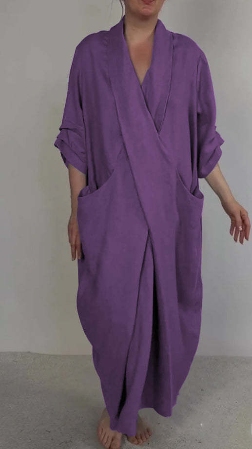 Women's Linen Large Pocket V-neck Slit Dress - Jo-Bolt-Store
