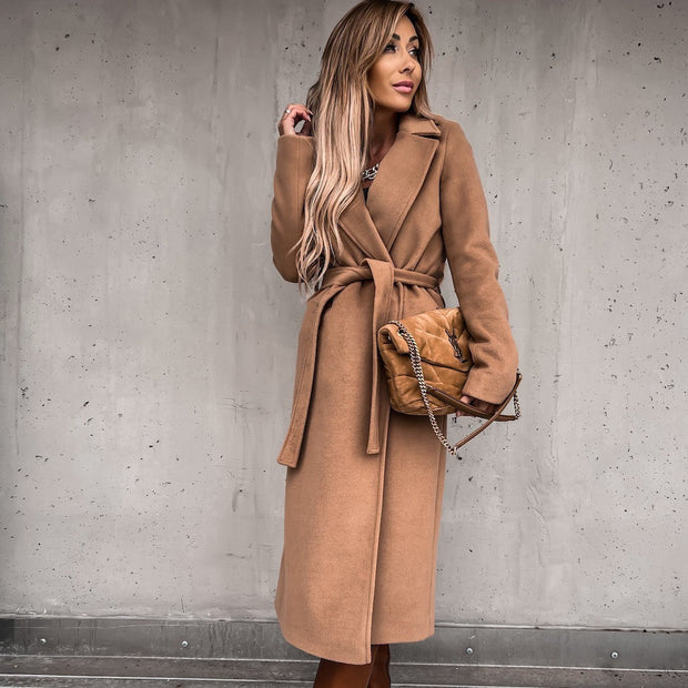 Woolen Coat Simple Fashion V-neck Lace Up Long Coat For Women - Jo-Bolt-Store