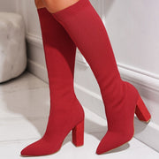 Red knee high sock boots with block heels