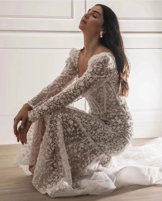 Pearl Embroidery Mesh Maxi Gown