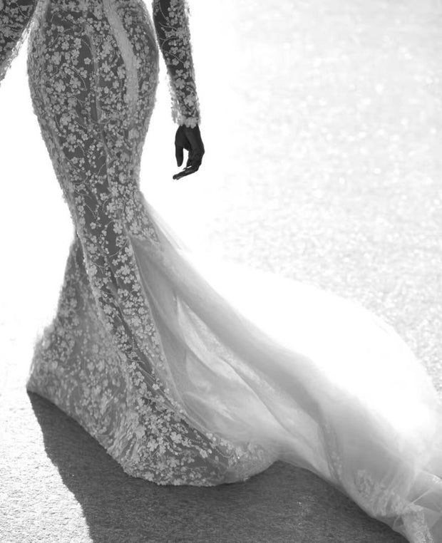 Pearl Embroidery Mesh Maxi Gown
