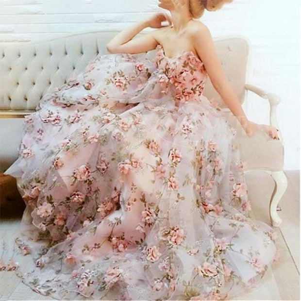 Floral Lace Strapless Gown
