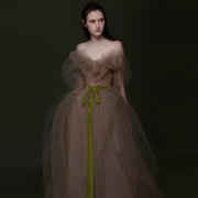 Whispering Sands: The Off Shoulder Tulle Maxi Gown