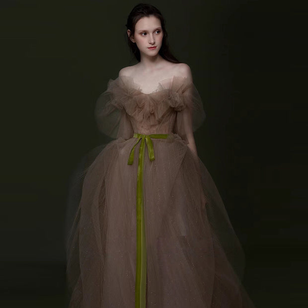 Whispering Sands: The Off Shoulder Tulle Maxi Gown