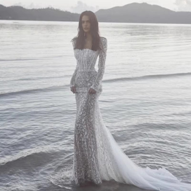 Pearl Embroidery Mesh Maxi Gown