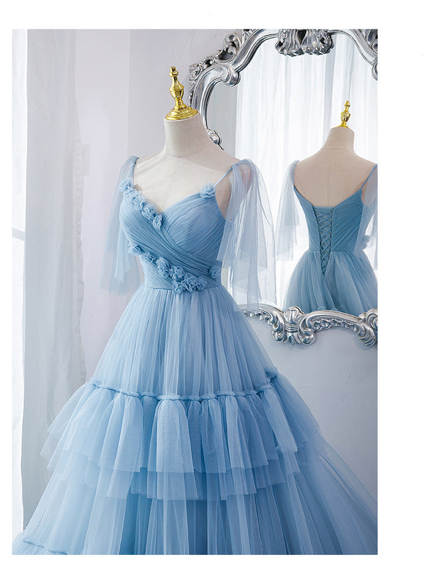 Serene Azure: The Tiered Tulle Maxi Gown