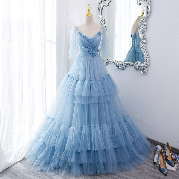 Serene Azure: The Tiered Tulle Maxi Gown