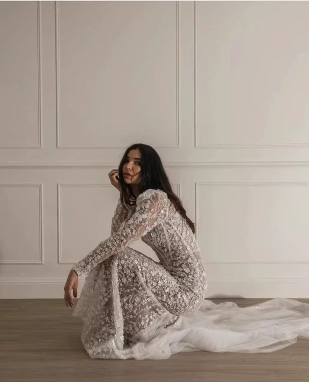 Pearl Embroidery Mesh Maxi Gown